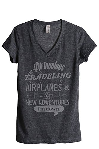 Thread Tank Traveling Airplanes Adventures Women's Relaxed V-Neck T-Shirt Tee Charcoal Small