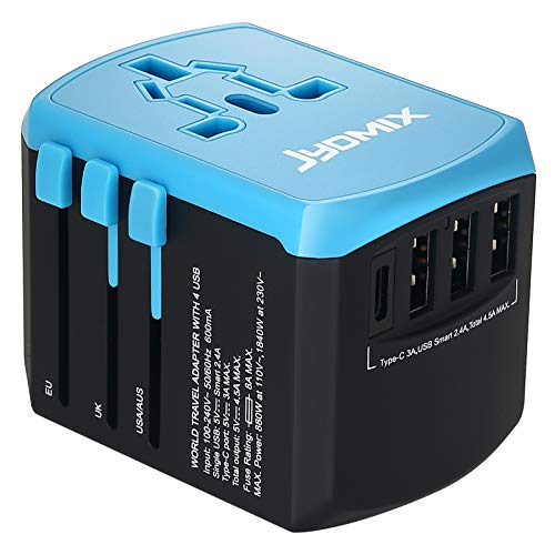 All in One Universal USB Travel Power Adapter with 3 USB Port and Type-C International Wall Charger Worldwide AC Power Plug 8 Pin AC Socket for Multi-Nation Travel UK, EU, AU, Asia