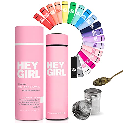 Hey Girl Tea Infuser Bottle 450ml - Insulated Stainless Steel Water Bottle - Thermos Tea Tumbler with Tea Diffuser - Portable Travel Mug for Loose Leaf Tea & Infused Water - Tea Lovers Gifts for Women