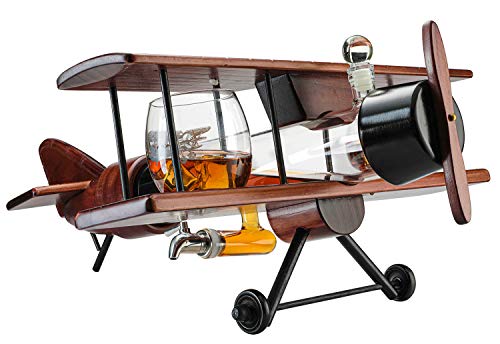Whiskey & Wine Decanter Airplane Set and Glasses Antique Wood Airplane - The Wine Savant Whiskey Gift Set and 2 Airplane Glasses, Pilot Gift Moving Parts- Alcohol Related Gift, BAR DECOR Large 21'