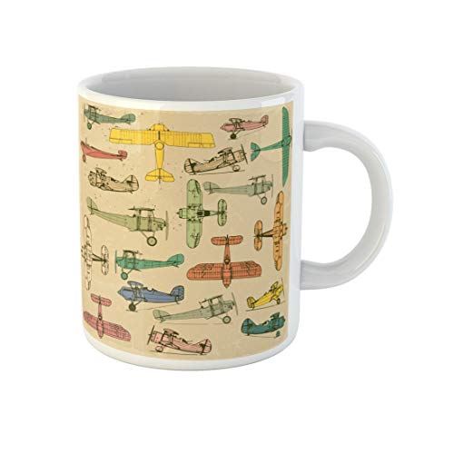 Awowee Coffee Mug Airplanes Retro on Vintage Old Plus Three Cracked Effects 11 Oz Ceramic Tea Cup Mugs Souvenir for Family Friends Coworkers