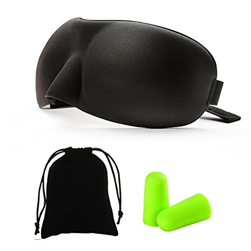Bringsine Contoured & Comfortable Sleep Mask & Ear Plugs Kit. Includes Carry Pouch for Eye Mask and Ear Plugs - for Travel, Shift Work & Meditation Black