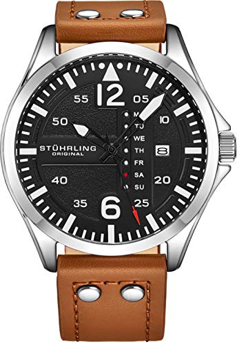 Stuhrling Original Mens Leather Watch -Aviation Watch, Quick-Set Day-Date, Leather Band with Steel Rivets, Men Watch Collection