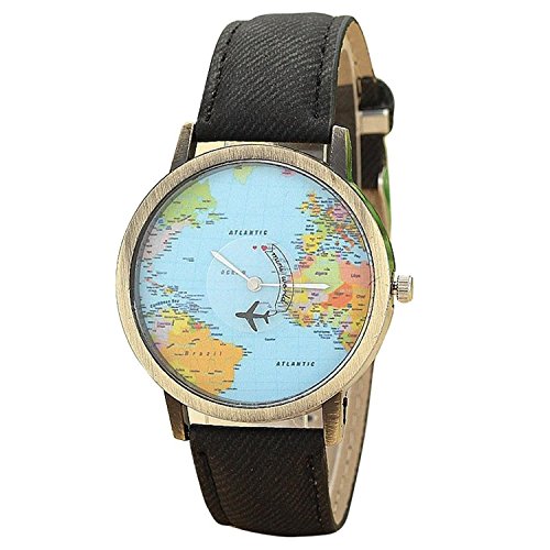 Unisex Retro Bronze Case Global Travel by Plane World Map PU Leather Band Quartz Watch (Black)
