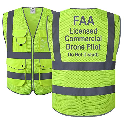 JKSafety 9 Pockets Class 2 High Visibility Zipper Front FAA Drone Pilot Safety Vest With Reflective Strips,HQ Breathable Mesh, Meets ANSI/ISEA Standards (210-Drone-Yellow M)