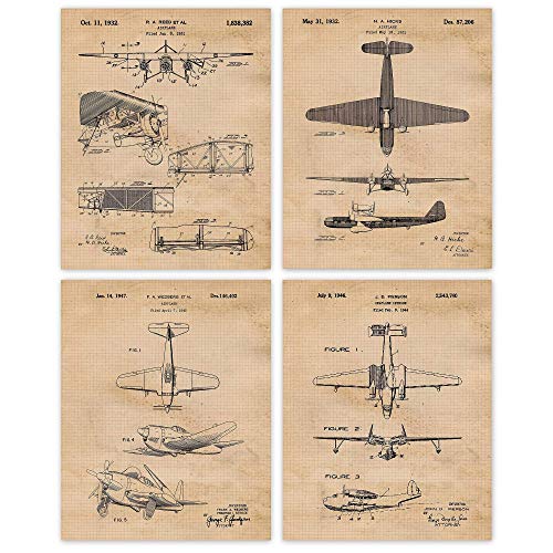 Vintage Propeller Airplane Patent Prints, 4 (8x10) Unframed Photos, Wall Art Decor Gifts Under 20 for Home Office Man Cave College Student Teacher Aircraft Mechanic Pilot Aviation NASA Engineer Fans