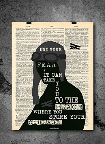 Amelia Earhart - Use Your Fear It Can Take You Silhouette Art - Authentic Upcycled Dictionary Art Print - Home or Office Decor (D197)