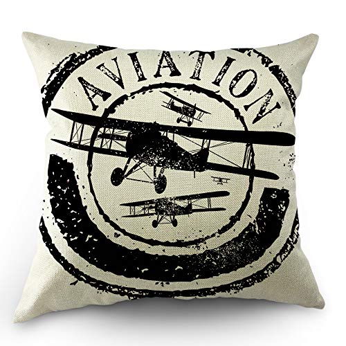 Moslion Airplane Throw Pillow Cover Stamp Design with Word Aviation and Airplane Pillow Case 18x18 Inch Cotton Linen Square Cushion Decorative Cover for Sofa Bedroom Black White