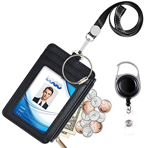 Badge Holder with Zipper, Life-Mate PU Leather ID Badge Card Holder Wallet Case with 5 Card Slots, 1 Side Zipper Pocket & 19' Polyester Neck Lanyard and Heavy Duty Metal Retractable Badge Reel (black)