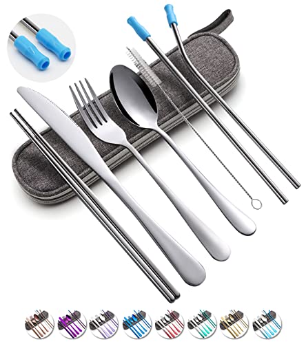 Travel Utensils Set with Case Reusable Portable Cutlery Set Stainless Steel 8pcs Including Dinner Knife Fork Spoon Chopsticks Straws(Silver)