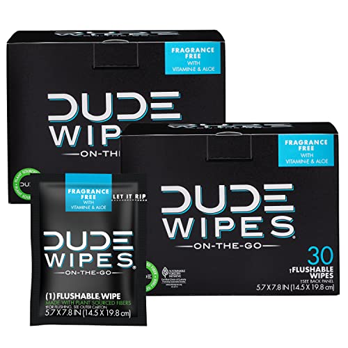DUDE Wipes On-The-Go Flushable Wet Wipes - 2 Pack, 60 Wipes - Unscented Extra-Large Individually Wrapped Wipes with Vitamin E & Aloe - Septic and Sewer Safe
