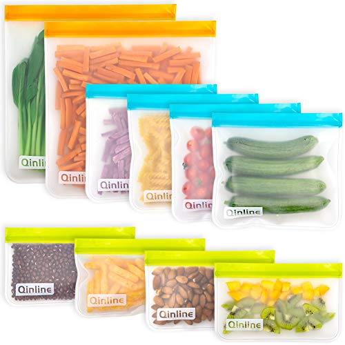 Reusable Food Storage Bags - 10 Pack BPA FREE Flat Freezer Bags(2 Reusable Gallon Bags + 4 Leakproof Reusable Sandwich Bags + 4 Food Grade Kids Snack Bags) Resealable Lunch Bag for Meat Fruit Veggies