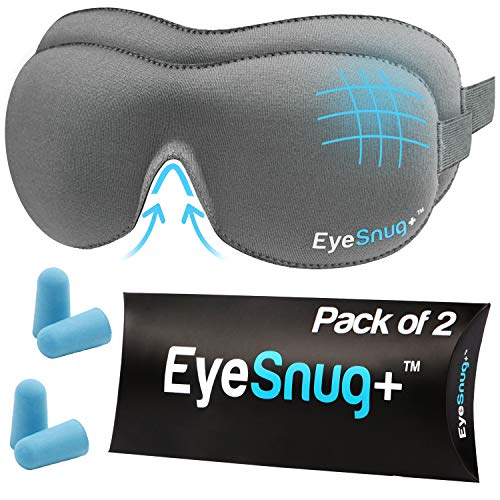 EyeSnug Sleep Mask (2 Pack) 3D Molded Eye Mask for Eyelash Lash Extensions - Blackout Blind fold Sleeping Mask. Eye Covers with Ear Plugs for Deep Sleep. Perfect for Women, Men, Kids Sleeping Mask