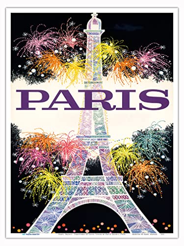 Paris, France - Fireworks at Eiffel Tower - Vintage Airline Travel Poster by David Klein c.1960s - Master Art Print 9in x 12in