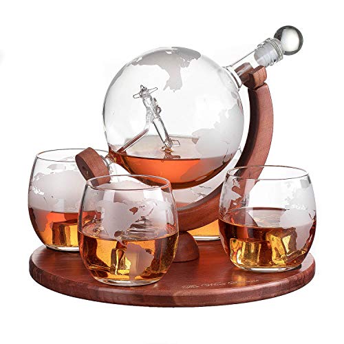 Etched World Decanter whiskey Globe - The Wine Savant Whiskey Gift Set Globe Decanter with Antique Airplane, Whiskey Stones and 4 World Map Glasses, Pilot Gift - Alcohol Related Gift, HOME BAR DECOR