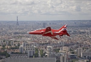 A Red Arrows Hawk in the skies above Paris to mark the 80th anniversary of a speech by Charles de Gaulle