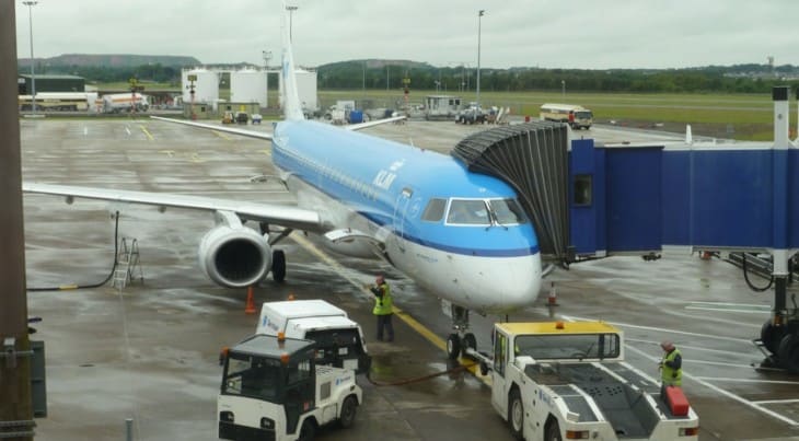 KLM airplane on jet bridge