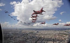 Red Arrows and the French Patrouille De France in the skies above Paris