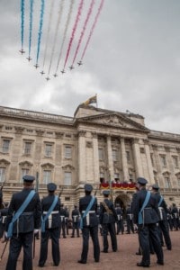 The Red Arrows complete the RAF100 Flypast over Buckingham Palace