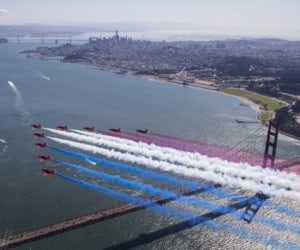 The Red Arrows fly over the Golden Gate Bridge San Francisco