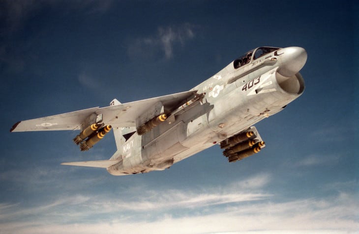U.S. Navy LTV A 7E Corsair II of Attack Squadron 72 armed with Mk 82 Snakeeye and AIM 9L Sidewinder
