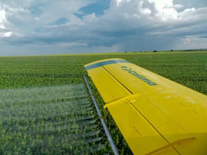 Wing view of crop duster plane spraying corn